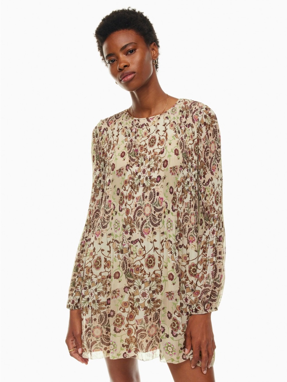 Floral Pleated Long-Sleeve Mini Dress - Cream Floral